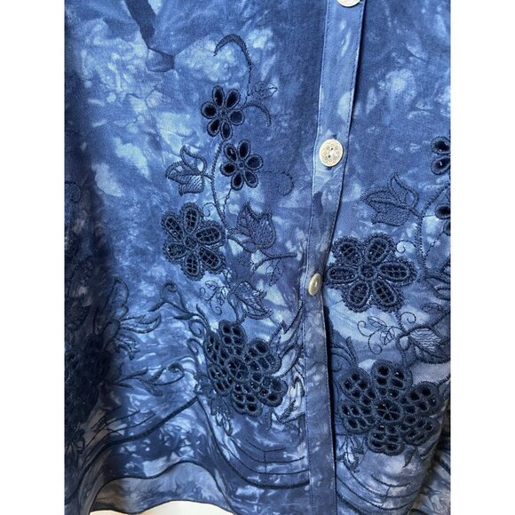 John Mark Shirt Blouse Navy Blue Embroidery Eyelet Wire Collar Size Large L - Picture 3 of 5